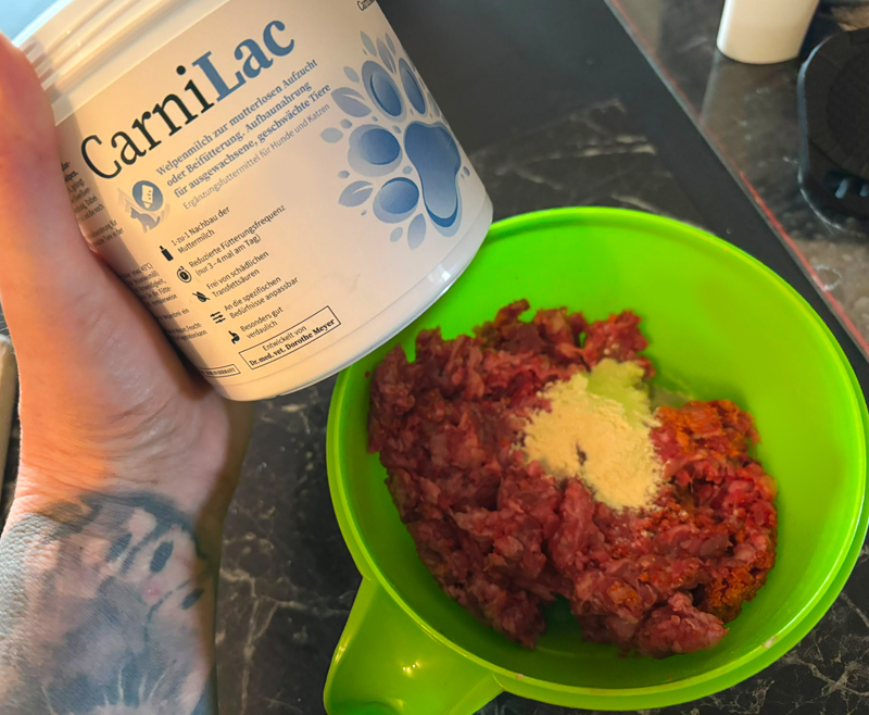 1 TL Carnilac Welpenmilchpulver und ein Blub Öl
